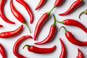 Vibrant pattern of red chili peppers arranged in a seamless design on a white background showcasing their spicy appeal photo