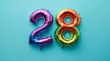 Top view of a vibrant rainbow foil balloon displaying the number twenty-eight on a bright blue background photo