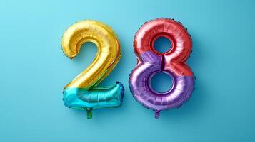 Bright and colorful rainbow foil balloon number twenty-eight on a blue background for celebration and festive occasions photo