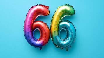 Colorful foil balloon displaying the number twenty-six on a bright blue background for celebrations and birthday parties photo