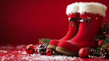 Bright red Santa boots adorned with festive decorations sit against a joyful Christmas backdrop, evoking holiday spirit and cheer photo