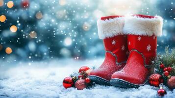 Festive red Santa boots decorated with snowflakes and ornaments set against a sparkling Christmas background in winter photo