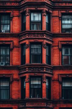 Vintage red-brick building facade featuring large windows in an urban setting photo