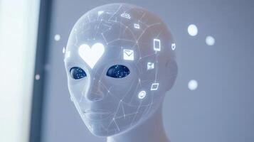 3D rendering of a robot face displaying AI text and icons, illustrating advanced technology concepts in a modern setting photo