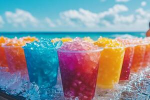 Colorful cups of shaved ice with syrup lined up by the beach with ocean views and bright blue skies photo