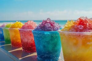 Colorful cups of shaved ice lined up on a table beside the beach under a clear sky with ocean views photo
