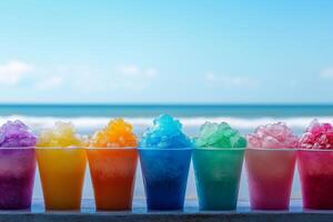 A vibrant row of colorful cups filled with ice and syrup next to the ocean on a sunny day photo