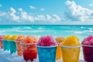 Colorful cups of shaved ice filled with syrup sit on a table by the beach, offering a refreshing treat against a stunning ocean backdrop photo