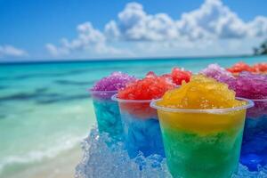 Colorful cups filled with shaved ice and syrup line a beachside table under a clear blue sky near the ocean photo