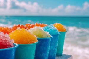 Colorful cups of shaved ice on a beach table with an ocean backdrop during a sunny day photo