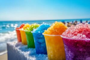 Colorful cups of shaved ice lined up on a table next to the beach with a clear ocean view in the background photo