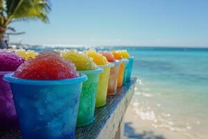Brightly colored cups of shaved ice lined up on a table near the beach, featuring a vibrant blue cup at the center under the sun photo