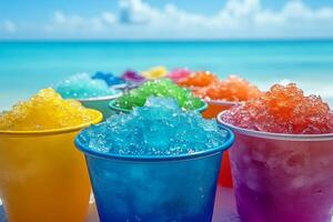A vibrant collection of colorful cups filled with shaved ice syrup on a sunny beachside table against an ocean backdrop photo