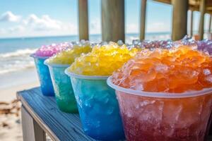 Colorful cups filled with syrupy shaved ice lined up by the beach under a clear sky, inviting a refreshing treat on a warm day photo