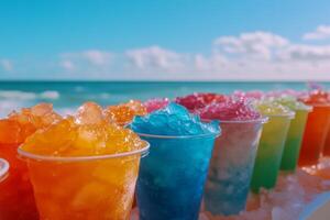 Colorful cups of shaved ice lined up on a beach table with a beautiful ocean view in the background photo