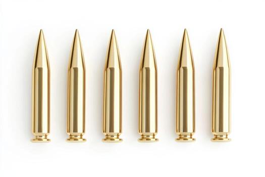 Arrangement of several realistic brass bullets on a smooth white background showcasing intricate metallic details photo