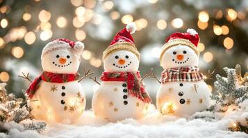 Snowmen in winter landscape adorned with holiday attire and twinkling lights create a festive Christmas atmosphere photo