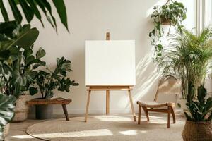A minimalist Scandinavian room featuring a blank canvas on an easel, surrounded by wooden furniture and lush plants in soft daylight photo