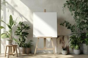 Blank canvas on an easel in a Scandinavian-style room filled with plants and soft daylight photo