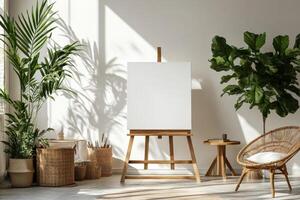 Blank canvas on an easel in a Scandinavian-style room filled with plants and natural light photo