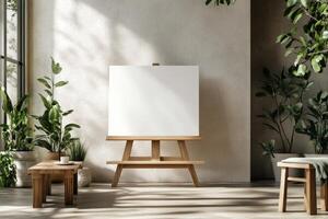 A blank canvas on an easel in a Scandinavian-style room with wooden furniture and plants illuminated by soft daylight photo