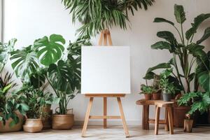 A blank canvas on an easel in a minimalist Scandinavian room with wooden furniture and lush plants, illuminated by soft daylight photo