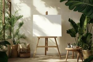 Minimalist setup of a blank canvas on an easel in a Scandinavian room with wooden furniture and greenery under soft daylight photo