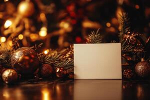 Blank card on a table surrounded by holiday ornaments, warm light creates a cozy festive atmosphere photo