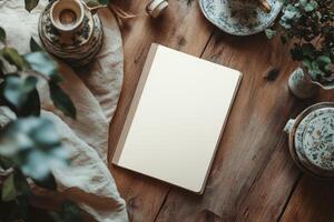 A blank notebook on a rustic wooden table surrounded by kitchen items in soft natural light for a minimalist mockup photo