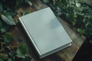 Minimalist mockup of a blank book placed on a rustic wooden table surrounded by lush green leaves in soft, diffused light photo