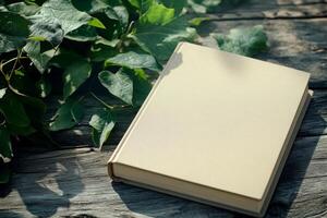 Minimalist mockup of a blank book on a wooden table surrounded by green leaves in soft diffused light photo
