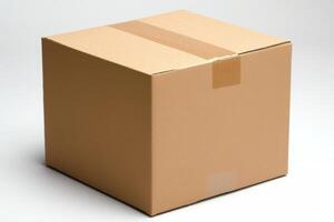 Minimalistic cardboard box with blank surface on white background, ideal for mockup and design reference in studio lighting photo