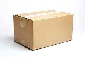 Minimalist cardboard box with a blank surface on a white background for creative mockup and design purposes photo