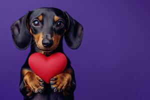 Dachshund holds a red heart in its paws against a vibrant purple backdrop with studio lighting photo