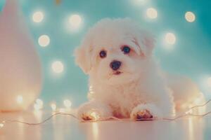 A fluffy bichon puppy surrounded by festive lights and party decor in a cheerful atmosphere photo