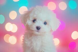 A fluffy bichon puppy surrounded by colorful party decor and bright lights in a cheerful celebration atmosphere photo