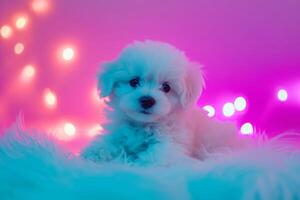 A fluffy bichon puppy enjoying vibrant party decor with bright lights in a cheerful atmosphere photo