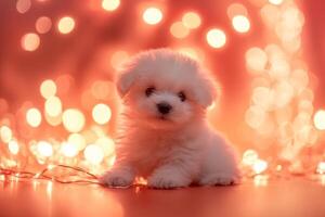 A fluffy bichon puppy surrounded by colorful party decor and bright lights in a festive atmosphere photo
