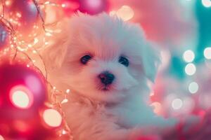 A fluffy bichon puppy surrounded by festive party decor and bright lights, capturing a cheerful and joyful atmosphere photo