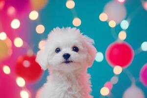 A fluffy bichon puppy surrounded by colorful party decor and bright lights creating a joyful celebration atmosphere photo