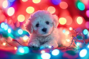 A fluffy bichon puppy playfully surrounded by colorful party lights in a festive celebration setting photo