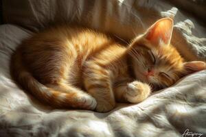 A ginger kitten peacefully napping on a soft bed in a bright room, illuminated by gentle daylight, creates a serene atmosphere photo