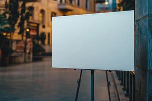 Minimalist gallery display featuring a large blank canvas on a metal stand in a softly lit exhibition space photo