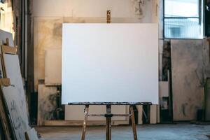 Empty canvas displayed on a metal easel in a minimalist art gallery with a blurred background and soft neutral lighting photo