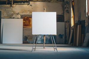 A large blank canvas on a metal stand in a minimalist gallery space with neutral lighting and a blurred background for creative mockups photo