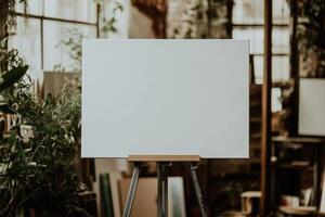 A large blank canvas on a metal stand in a contemporary gallery with neutral lighting and a blurred background showcasing potential for creativity photo