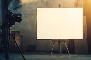 A large blank canvas on an easel in a minimalist gallery setting with neutral lighting and a blurred background, ideal for artistic mockups photo