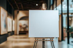 A large blank canvas on a metal stand in a modern gallery with soft neutral lighting and a blurred background creating a serene atmosphere photo