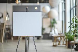 A large blank canvas on a metal stand in a contemporary gallery with a blurred background and soft lighting photo