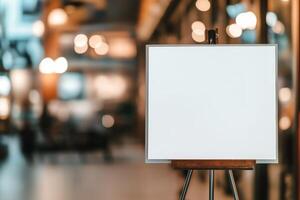 A large blank canvas on a metal stand in a modern gallery with neutral lighting and a blurred background for artistic mockups photo